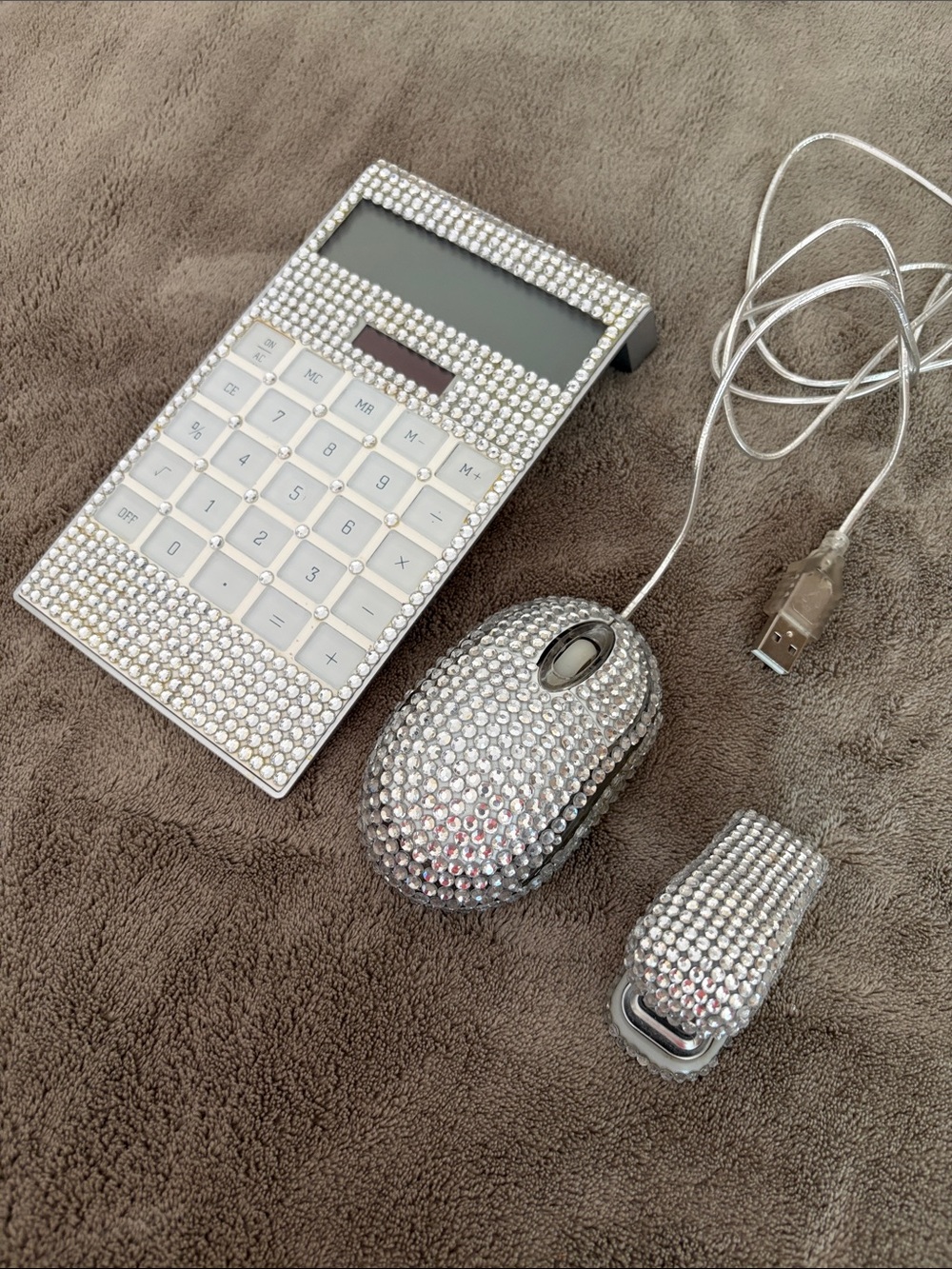 Crystal Rhinestone Mouse with Matching Calculator & Stapler- Silver